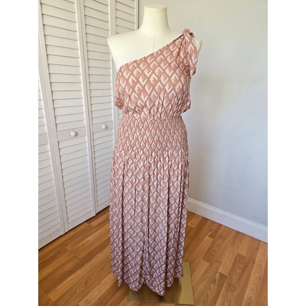 Cupshe Retro One-Shoulder Smocked Maxi Dress Brown Floral M Resort Boho Chic - Picture 2 of 10